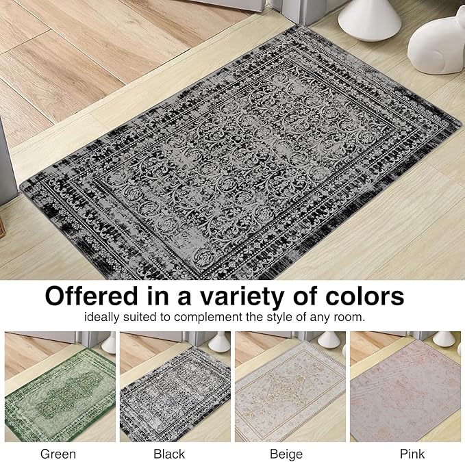 2x3 Small Washable Non-Slip Vintage Chenille Area Rug,Low Pile Distressed Floral Carpet for Entryway Kitchen, Boho Farmhouse Stain Resistant Indoor Rug
