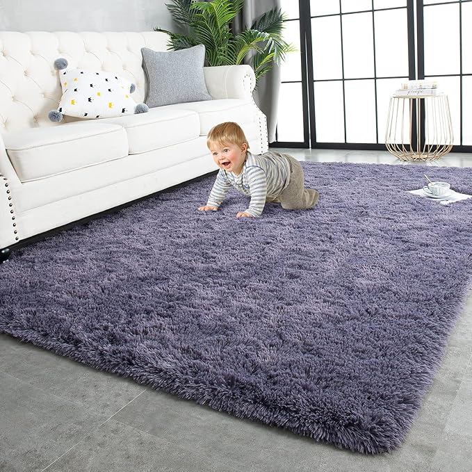TWINNIS Super Soft Shaggy Rugs Fluffy Carpets 3x5 Feet, Indoor Modern Plush Area Rugs for Living Room Bedroom Kids Room Nursery Home Decor, Upgrade Anti-Skid Rectangular Fuzzy Rug, Grey Purple