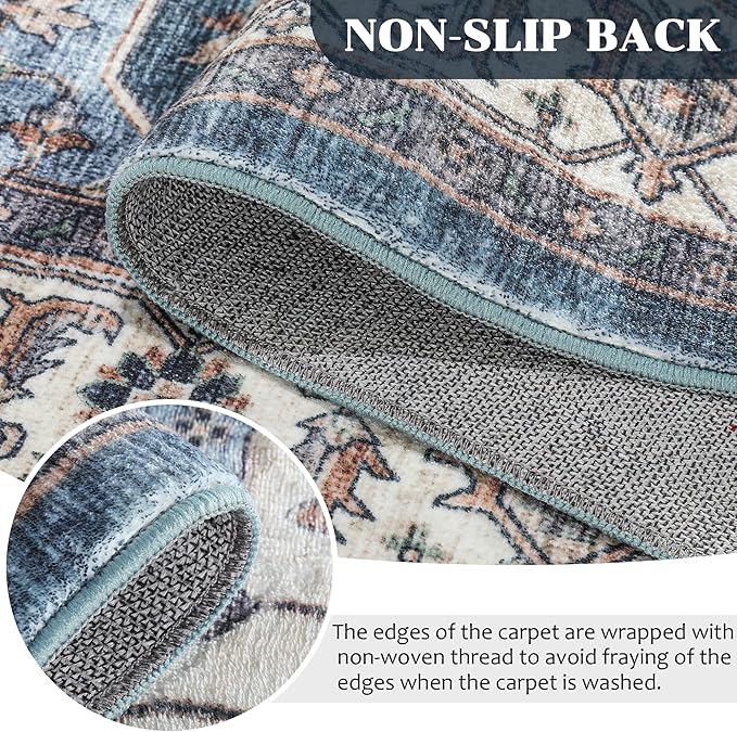 Vintage Area Rug, 9x12 Washable Rugs for Living Room Bedroom Indoor Throw Rug, Distressed Boho Country Accent, Thin Low-Pile Floor Carpet for Kids Pet (Navy/Brown)