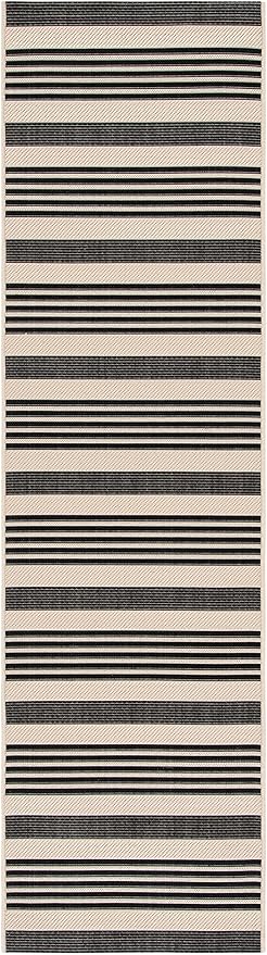 SAFAVIEH Courtyard Collection Runner Rug - 2'3' x 8', Black & Bone, Stripe Design, Non-Shedding & Easy Care, Indoor/Outdoor & Washable-Ideal for Patio, Backyard, Mudroom (CY6062-216)