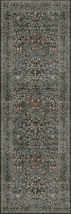 Non Slip Dark Green 2x6 Kitchen Runner Rug Washable, Long Rubber Backed Hallway Runner Rugs, Boho Vintage Floral Botanical Non Skid Carpet for Entryway, Laundry Room, Bathroom Floor Mat