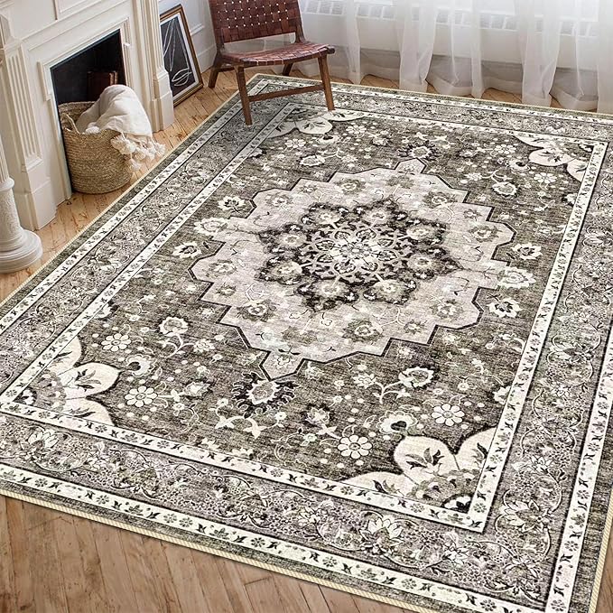 Washable 5x7 Living Room Rugs: Oriental Non-Slip Area Rugs for Bedroom Non Shedding Accent Farmhouse Dining Room Carpet Soft Low Pile Mat for Nursery Room Home Office (5x7 Beige)