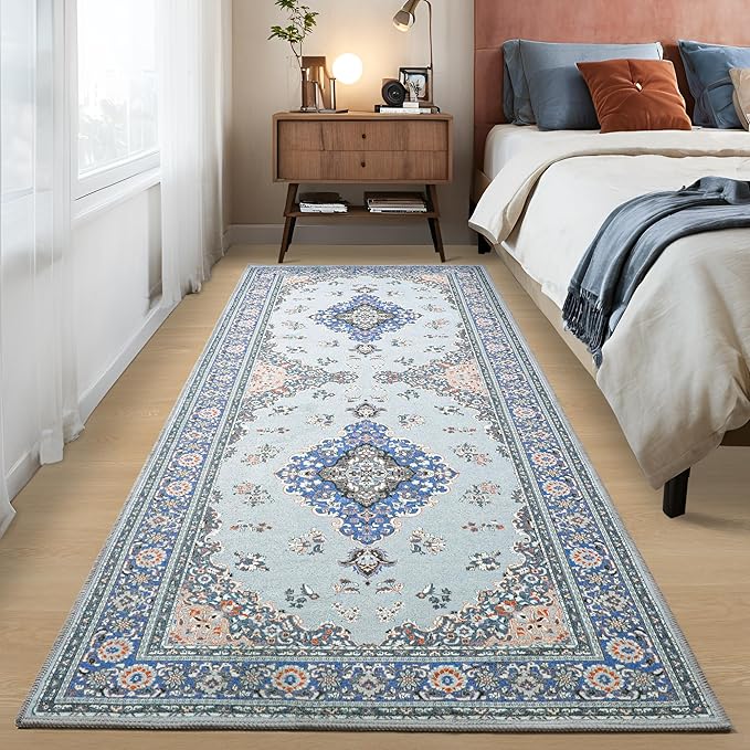 Tepook 2x6 Runner Rug for Hallway, Low Pile Washable Kitchen Rugs Runner Carpet, Non-Slip Vintage Indoor Throw Rugs for Bedroom Entryway Laundry Room Bedside Bathroom - Blue/Grey