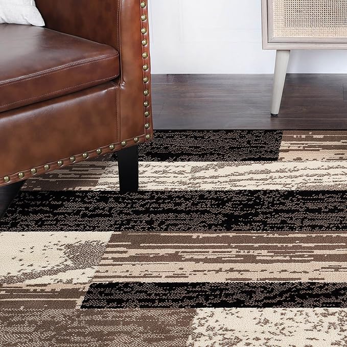 Superior Indoor Area Rug, Jute Backing, Plush Modern Rugs for Entryway, Kitchen Floors, Office Floor Cover, Color Block Rugs, Rockwood Collection, 5' x 5', Chocolate
