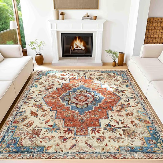 Washable Vintage Area Rug 9x12 Non-Slip Boho Distressed Floor Carpet Rugs Traditional Mat for Kitchen Bedroom Living Room, Orange