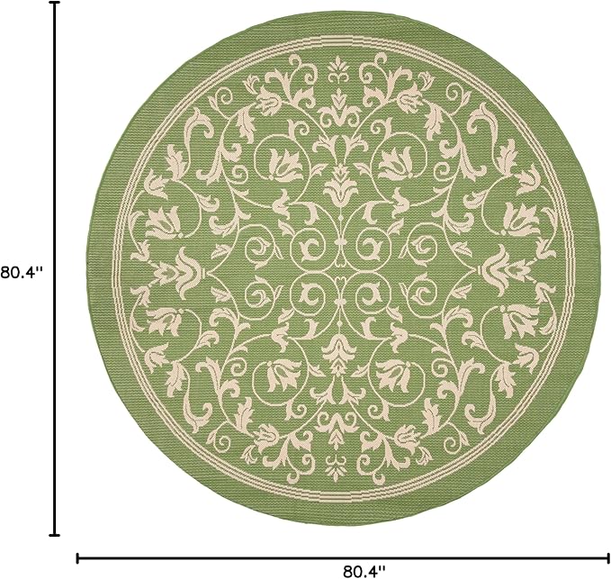SAFAVIEH Courtyard Collection 6'7" Round Olive / Natural CY2098 Scroll Indoor/ Outdoor Splashproof Easy Scrubbing Patio Backyard Mudroom Area Rug