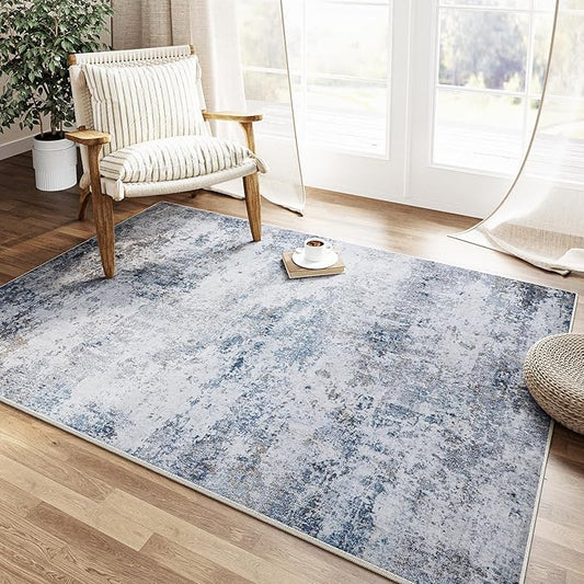 3x5 Washable Rug Grey Blue Entryway Rugs Hallway Area Rug Indoor Accent Rug Abstract Non Slip Low Pile Carpet Distressed Throw Rugs for Bedroom Living Office Dining Kitchen