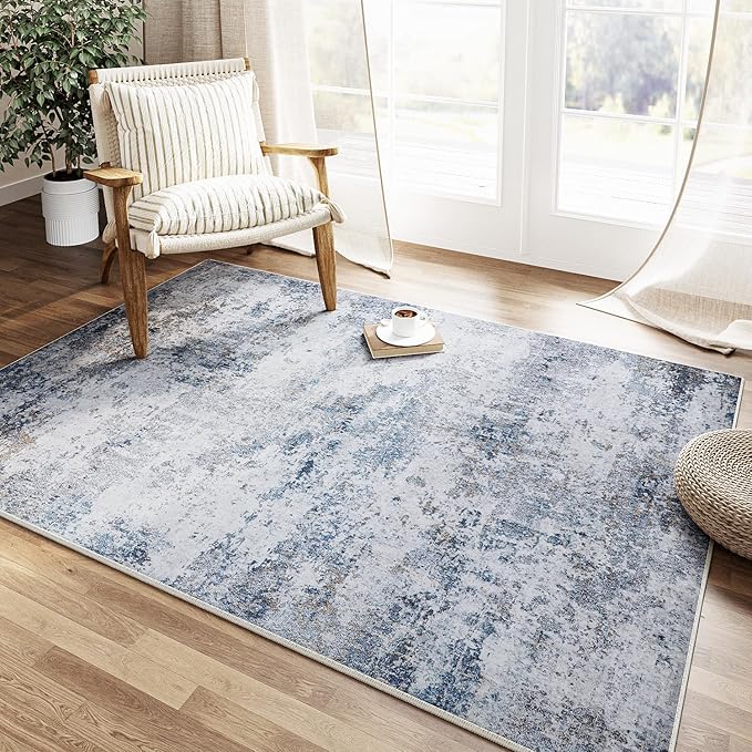 3x5 Washable Rug Grey Blue Entryway Rugs Hallway Area Rug Indoor Accent Rug Abstract Non Slip Low Pile Carpet Distressed Throw Rugs for Bedroom Living Office Dining Kitchen