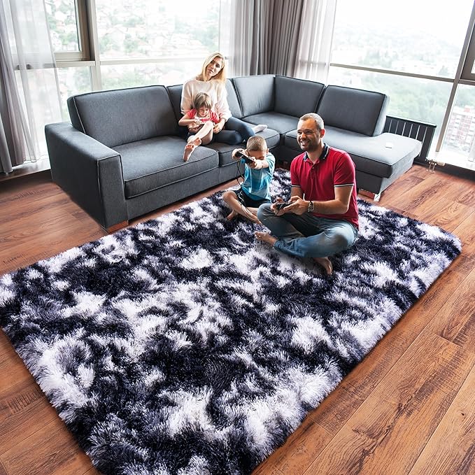 Black and White Rug for Bedroom, 5x7 Area Rug for Kids Room, Bedside Indoor Floor Fluffy Shag Carpet, Plush Soft Rug for Living Room Nursery Dorm Home Decor
