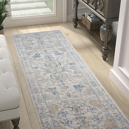 jinchan Runner Rug 2x6 Machine Washable Hallway - Vintage Floral Non-Slip Low-Pile Soft Ultra-Thin Kitchen Rug Distressed Carpet Runner for Farmhouse Bedroom Entryway Laundry Room(2x6ft,Blue)