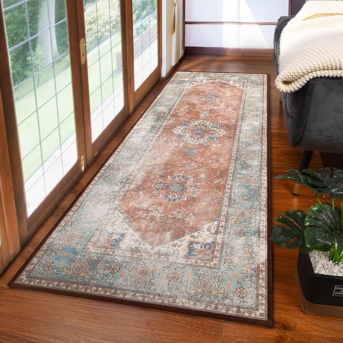YJ.GWL Area Rug 2x6, Machine Washable Hallway Runner Rug, Boho Floral Vintage Distress Print Pattern Carpet, Low Pile Lightweight Thin Rugs for Entryway, Kitchen and Corridor, Brick
