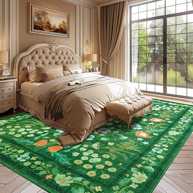 Area Rugs for Living Room, 6x9 Washable Non-Slip Rug for Bedroom, Vintage Floral Carpet for Home Office Nursery Dining Room Kitchen, Green
