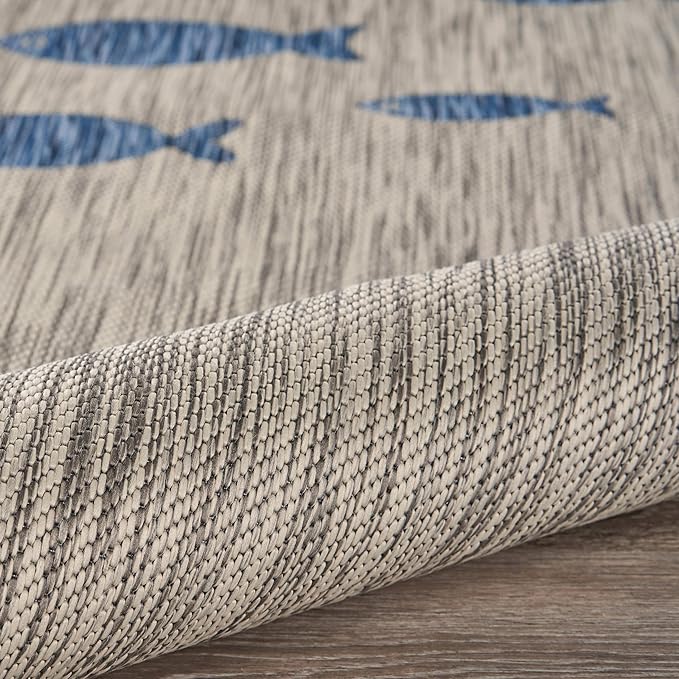LR Home 8 x 10 Indoor / Outdoor Area Rug for Home Decor | Coastal School of Fish large size carpet for living room, bedroom, playroom, patio, garden | Modern farmhouse rug | Gray / Navy