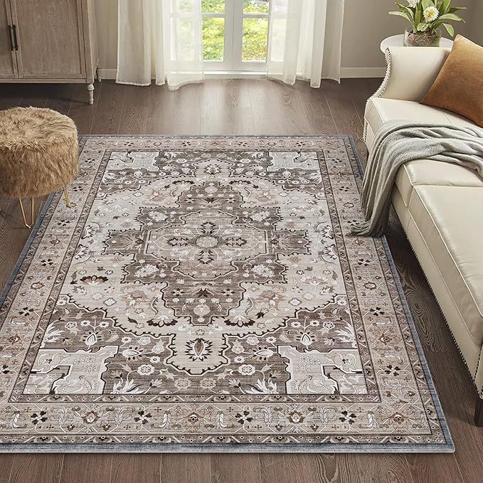 Washable Area Rug 4x6 Non-Slip, Boho Rugs for Living Room Decor，Indoor Mat for Front Porch, Kitchen, Laundry Room, Bathroom, Olive