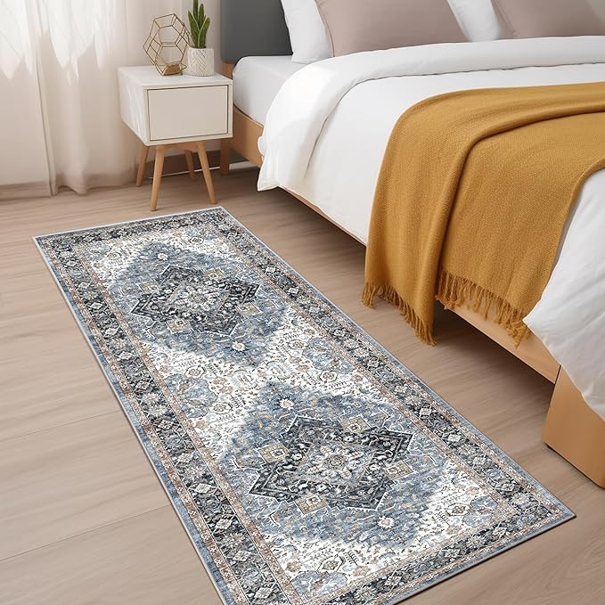 2x6 Runner Rug, Ultra-Thin Bathroom Rug, Blue Low Pile Laundry Room Mat, Machine Washable Boho Rug for Hallways Entryway Kitchen Bathroom Bedside Camper