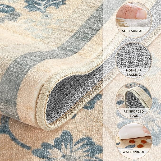 10x14 Area Rug Living Room Rugs - Washable Boho Vintage Floral Large Soft Non Slip Thin Rug Low Pile Carpet for Bedroom Dining Room Kids Playroom Office Decor Indoor- Multi Color