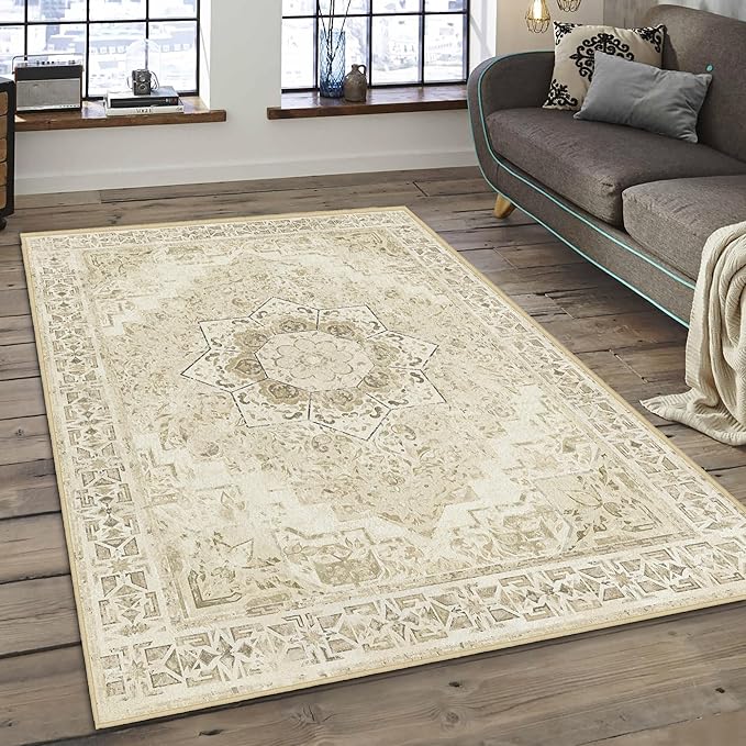 Washable Area Rug 3x5 Boho Entryway Rug Non Slip Soft Vintage Kitchen Rug Oriental Distressed Living Room Bedroom Rugs Indoor Floor Carpet for Bathroom Dining Room Office Entrance Dorm, Beige