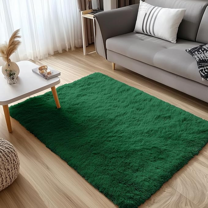 OLANLY 3x5 Machine Washable Small Bedside Rug, Soft Fluffy Shaggy Rugs for Living Room, Bedroom, Indoor Floor Carpet for Kids Girls and Boys, Preppy Dorms, Nursery, Home Decor Aesthetic, Dark Green