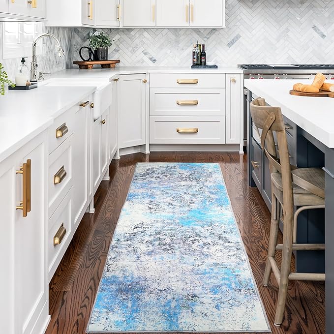 2x6 Runner Rug Abstract Washable Hallway Entryway Runner Rug Accent Print Ultra Soft Kitchen Runner Rug 6 Feet Non-Slip Boho Rug Runners for Laundry Room Entrance, Blue/Multi