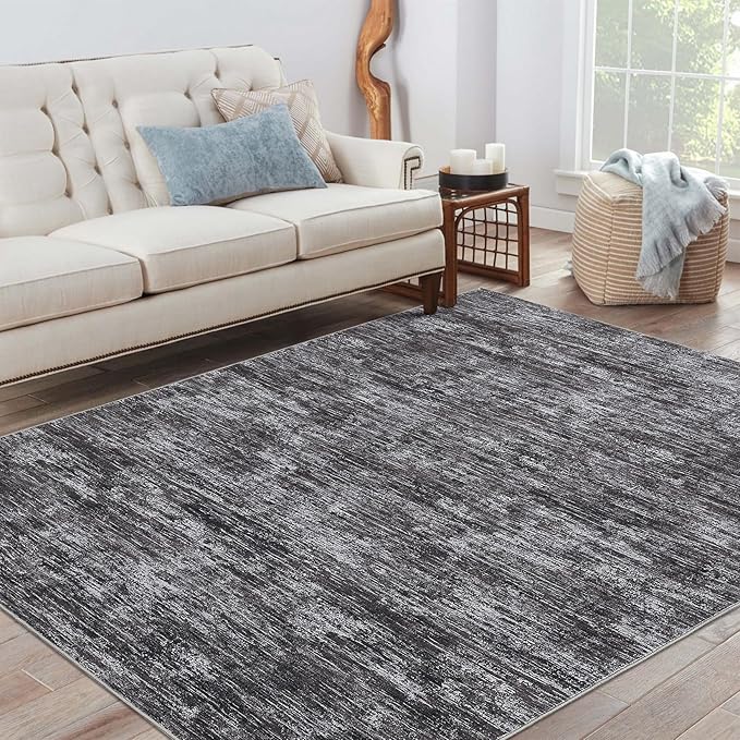 Bedroom Area Rug 4x6 Modern Abstract Area Rug Stain Resistant Small Living Room Rug Contemporary Dining Room Rug Non-Slip Solid Rug Aesthetic Accent Floor Carpet for Kitchen Office, Dark Grey