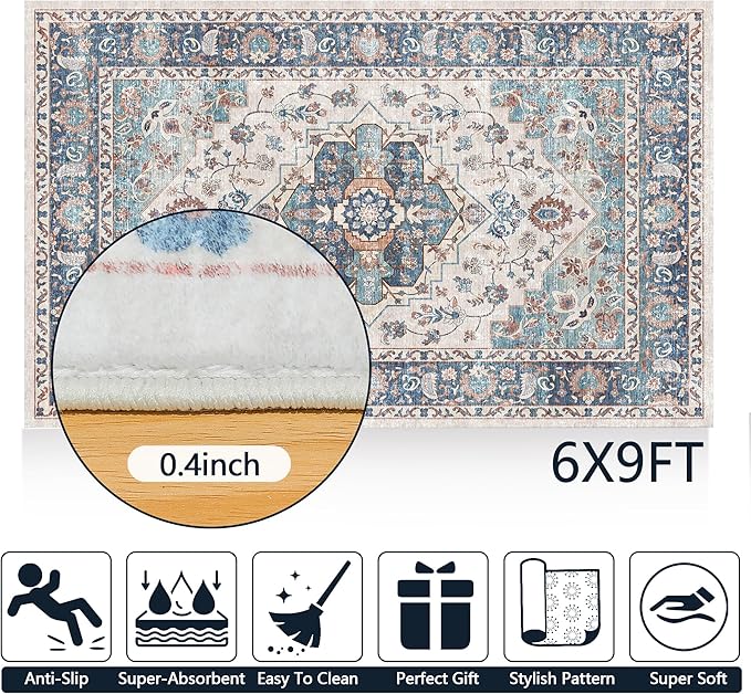 6x9 Area Rug, Blue Gray, Vintage Boho, Non-Slip, Non-Shedding, Stain Resistant, Geometric Pattern, Rectangular, Indoor, Living Room, Bedroom, Dining Room, Kitchen, Bathroom, Home Office