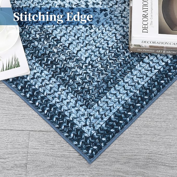 Washable Runner Rug 2x8 Bathroom Rugs Blue Modern Printed Braided Bedroom Rug Non Slip Geometric Area Rug Kitchen Rugs Stain Resistant Carpet for Laundry Room 2'x8' Blue