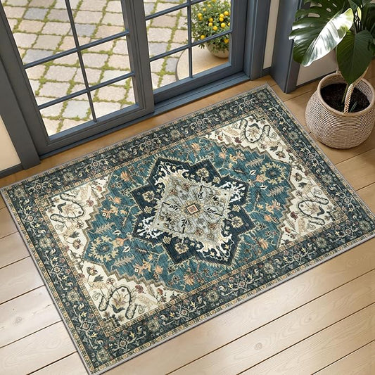 2x3 Washable Rug for Entryway, Vintage Non Slip Small Area Rug, Indoor Front Door Rug, Print Distressed Blue/Beige, Soft Low Pile Rugs for Entrance Kitchen Bedroom Bathroom