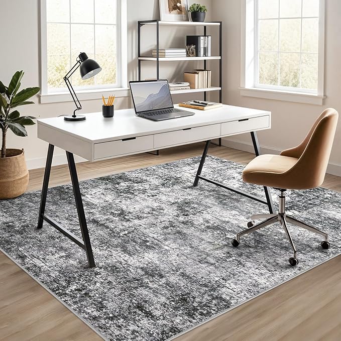 Washable Area Rug: 3x5 ft Abstract Small Rugs for Entryway Kitchen Living Room Bedroom - Non Slip Modern Neutral Carpet Indoor Front Door - Grey