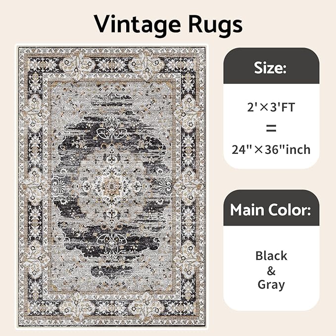 Washable Entryway 2x3 Rug: Small Boho Rugs for Indoor Entrance Non Slip Backing Stain Resistant Carpet Low Pile Throw Rugs for Bedroom Bedside Inside Front Door Floor Kitchen Decor(Black,2x3FT)