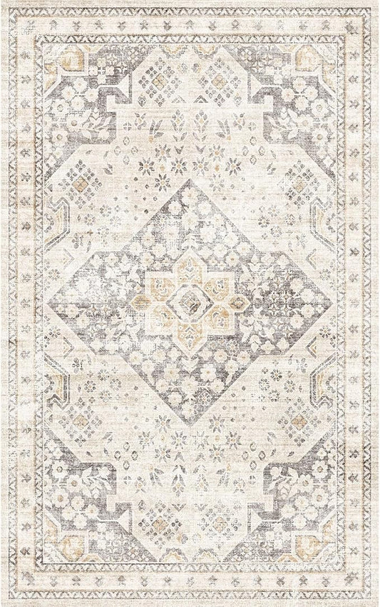 Vintage Washable Cream Beige 5x7 Rug for Living Room, Bedroom, Dining Room - Home Decor Area Rug