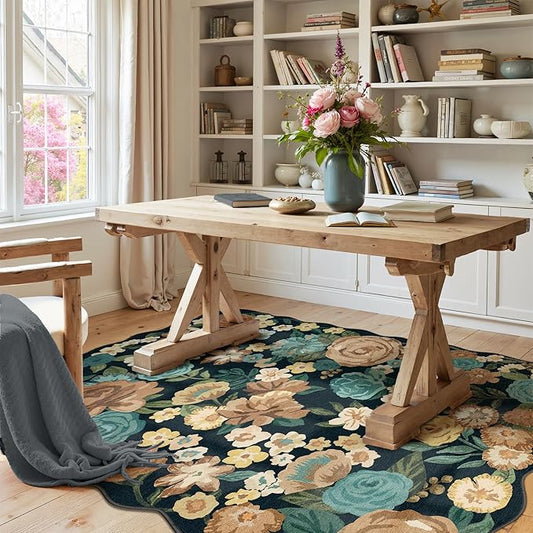 Washable Floral Area Rug 3x5 Black Office Carpet Scalloped Flower Non Slip Soft Entrance Door Mat Farmhouse Low Pile Thin Indoor Floor Cover for Kitchen Bathroom Bedroom Laundry Living Room