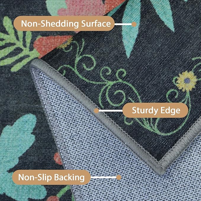 Bavni 4x6 Rugs for Living Room, Lightweight Machine Washable Non Slip Area Rug, Foldable Floral Rugs for Bedroom Dining Room Kids Room, Ultra-Thin Aesthetic Boho Black