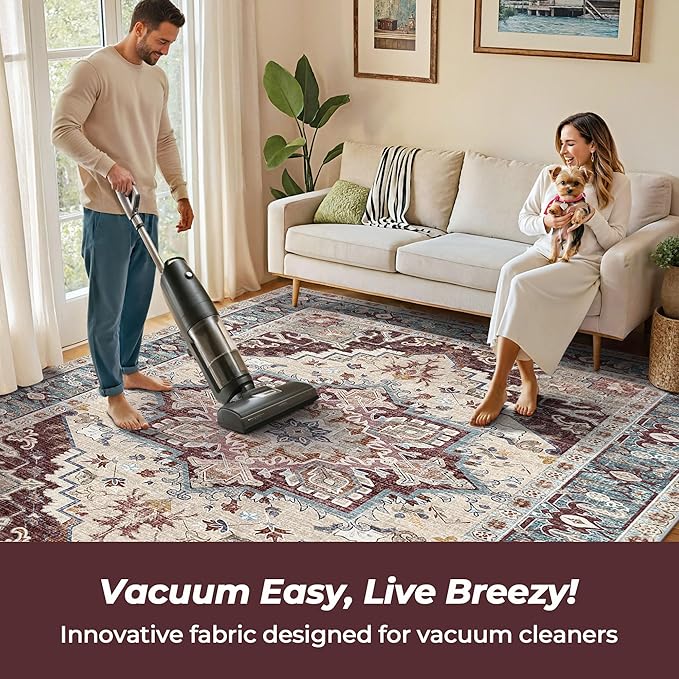 Washable Area Rugs Boho Thin Non Slip Stain Resistant Vintage Brown Printed Carpet Oriental Foldable Distressed 4x6 Rug for Living Room Bedroom Indoor House