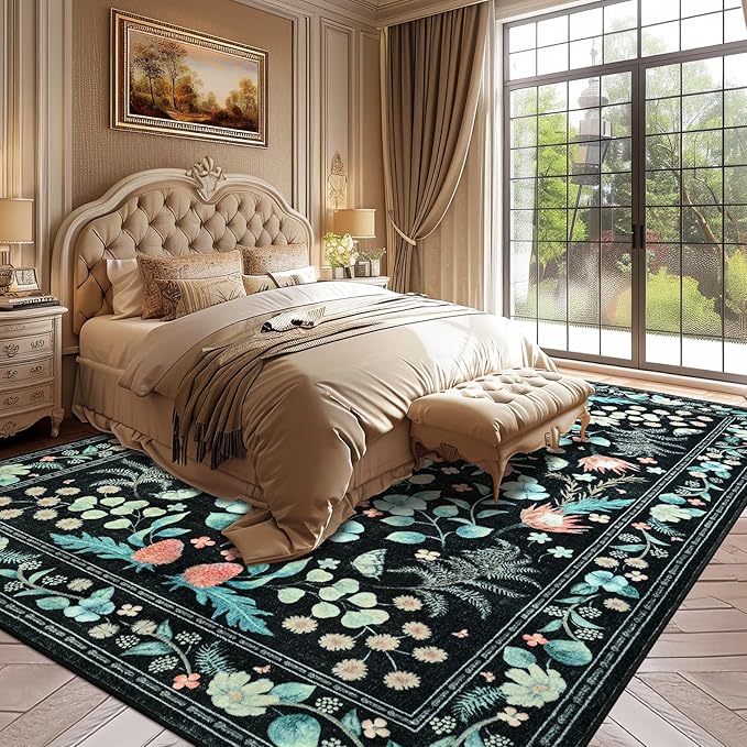 Area Rugs for Living Room, 6x9 Washable Non-Slip Rug for Bedroom, Vintage Floral Carpet for Home Office Nursery Dining Room Kitchen, Black