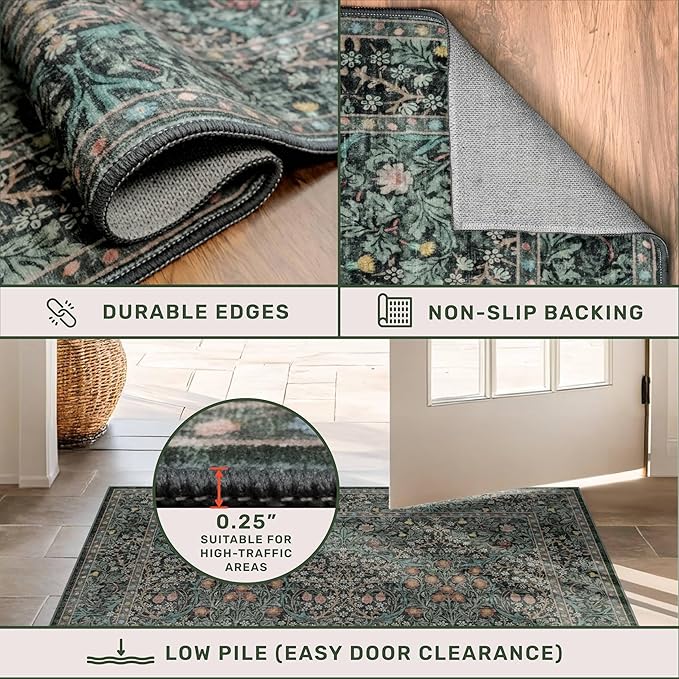 Vintage Floral Dark Green 3x5 Area Rugs for Entryway, Kitchen, Bedroom Beside Rug, Laundry Room, Non-Slip Low Pile Ultra Soft Stain Resistant Small Carpet