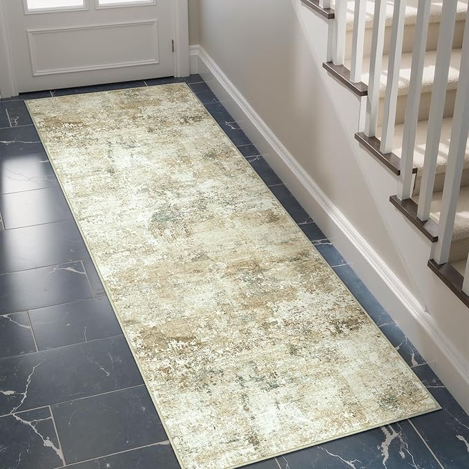 2x6 Runner Rug for Hallways Beige Grey Non Slip Washable Neutral Modern Abstract Indoor Rug Thin Soft Throw Low Pile Kitchen Carpet for Bedside, Bedroom, Bathroom, Entryway
