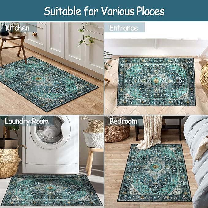 Moynesa Ultra-Thin Washable Area Rug - 2x3 Teal Small Entryway Rug Front Indoor Doormat, Boho Non-Slip Stain Resistance Low Pile Accent Carpet for Kitchen Bathroom Home Laundry Room Hall Decor
