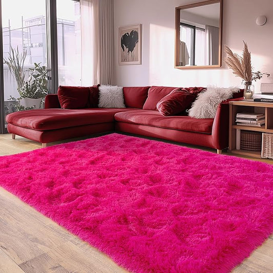Hot Red Fluffy Rug for Bedroom 6x9 ft - Ultra Soft & Non Slip Shaggy Area Rug, Comfy Durable Carpet for Living Room Kids Room Teens Dorm Home Decor, 1.7'' Thick Indoor Plush Carpets