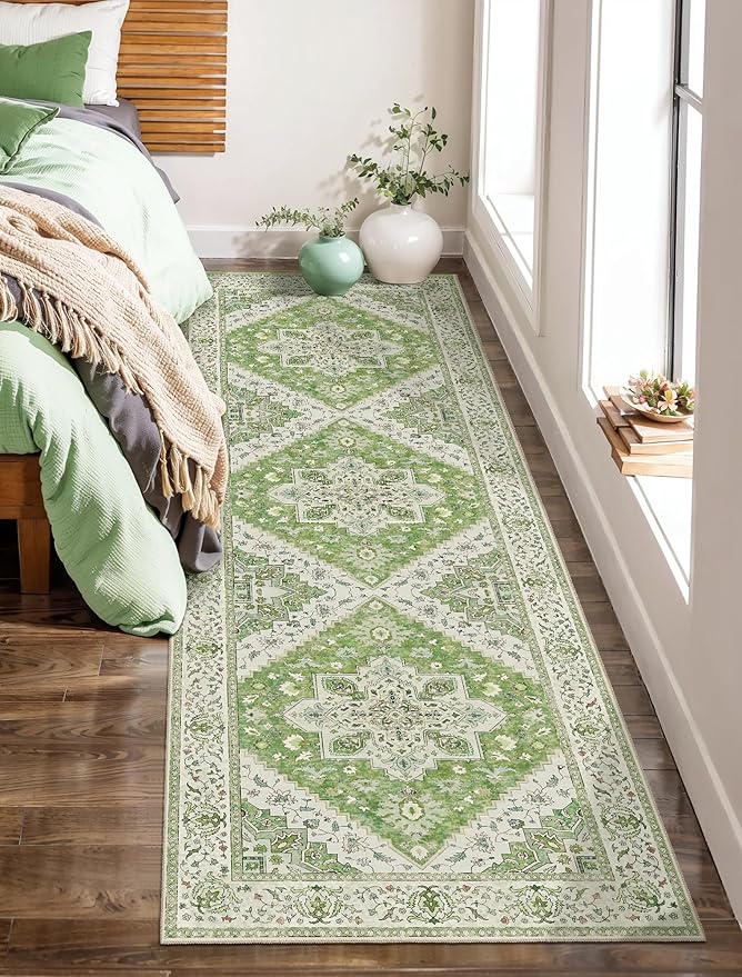 2.6x8 Washable Runner Rug for Hallways, Non Slip Vintage Runner Rug, Soft Low Pile Long, Print Distressed Green Carpet Runners for Kitchen Bedroom Entryway Bathroom Living Room