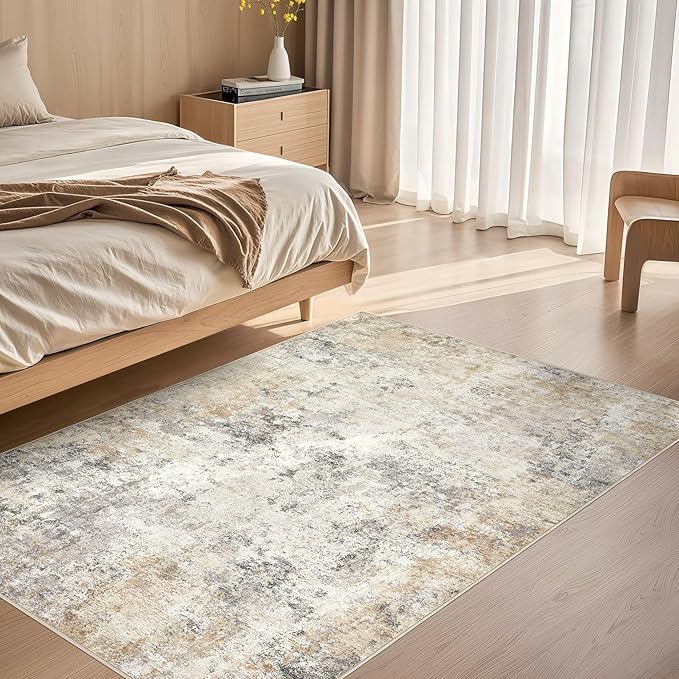 3x5 Area Rug Living Room Rugs - Washable Neutral Modern Abstract Soft Thin Rug Indoor Floor No Slip Rug Carpet for Bedroom Under Dining Table Home Office Decor - Golden Grey