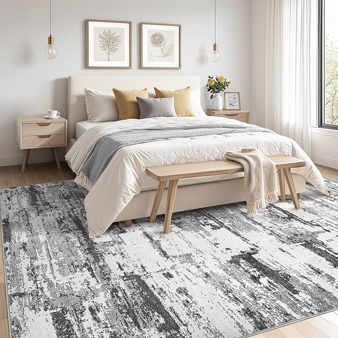 Area Rugs for Living Room: 5x7 Abstract Washable Rug Modern Neutral Large Soft Stain Resistant Non-Slip Backing Machine Table for Bedroom Dining Room Indoor Home Office Carpet - Black Grey