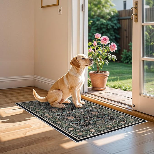 2x3 Floral Area Rug - Soft Oriental Vintage Farmhouse Style for Bathroom Entryway Kitchen - Non-Slip Backing Low Pile Stain Resistant Indoor Mat (2x3 Black/Green/Multi)