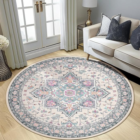 BESTSWEETIE 8ft Area Rugs for Living Room, Washable Ultra Soft Boho Vintage Print Pattern Rug Non Slip Low Pile Carpet for Dining Room Bedroom Entryway Indoor-Multi/Blue/Beige/Pink