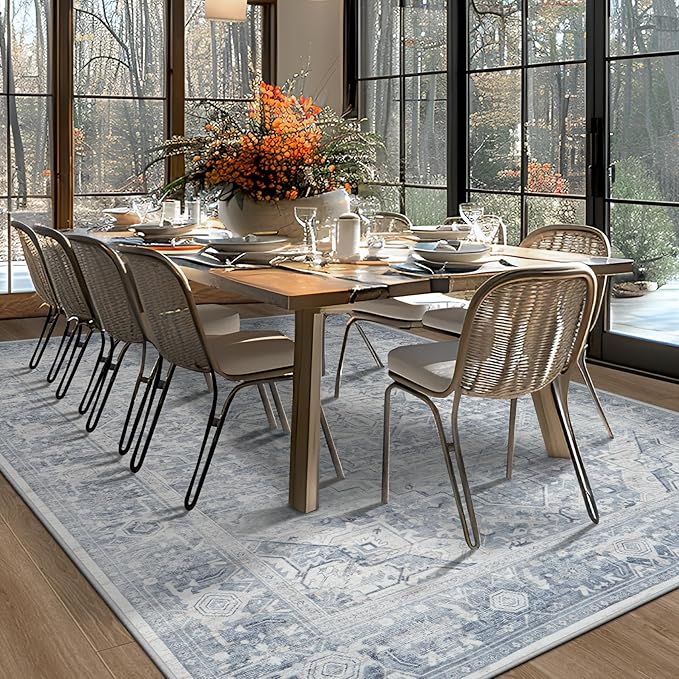 Washable Rugs 8x10 Area Rugs, Soft Vintage Living Room Rug with Anti-Skid Backing Stain Resistant Thin Indoor Carpet Large Area Rug for Bedroom Under Dining Room Table Nursery Entryway-Blue