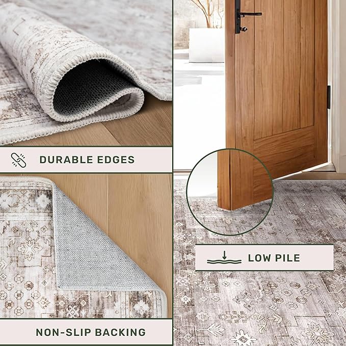 2x4 Boho Runner Rug, Neutral Farmhouse Entryway Rugs, Small Throw Runners for Hallway Bedroom Kitchen, Vintage Floral Design & Non-Slip Low-Pile Washable Stain Resistant Beige Latte