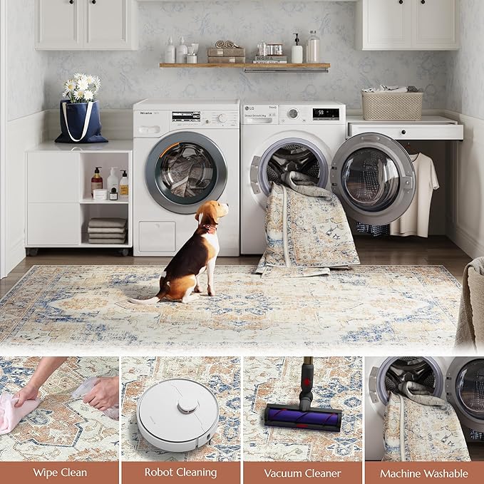 jinchan Runner Rug 2x8 Hallway Rug Kitchen Washable Runner Vintage Mat Retro Print Lightweight Non-Slip Floor Cover Distressed Thin Carpet for Entryway Bathroom Bedroom Laundry Room Stairway Orange