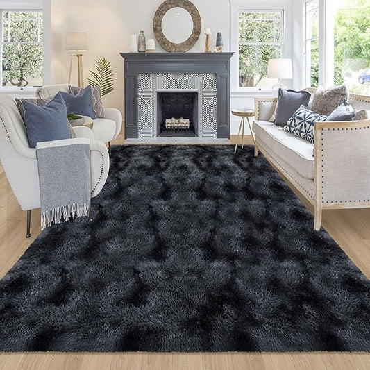 5x8 ft Shag Tie Dyed Black Fluffy Rugs for Bedroom,Indoor Floor Non Slip Carpet Throw Fuzzy Rug for Living Room Kids Room Boys Teens College Dorm Nursery Room Home Decor