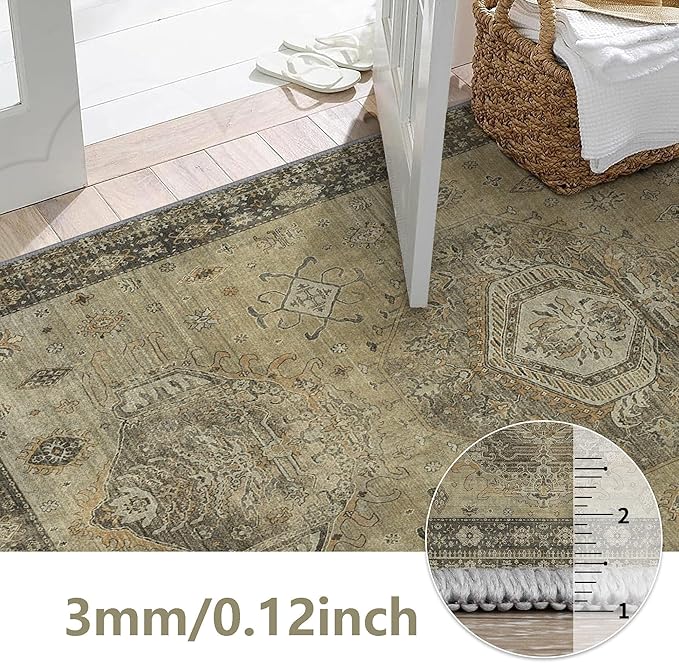 2x5 Runner Rug Non Slip, Machine Washable Rug Runners for Hallways, Vintage Distressed Print Kitchen Runner, Low Pile Lightweight Carpet Runner for Entryway, Laundry, Bedroom, Bathroom Sage Green