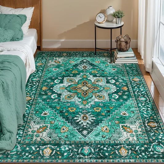 Washable Rug 4x6 Area Rug, Vintage Rug Indoor for Living Room, Non Slip Machine Washable Large Rugs, Soft Print Distressed Emerald Farmhouse Carpet for Bedroom Dining Room Dorm Office