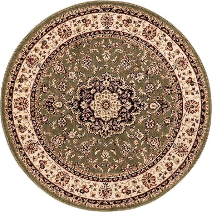 Well Woven Barclay Collection Medallion Kashan Green 4 ft Round Rug - for Entryways, Small Bedrooms, Living Rooms